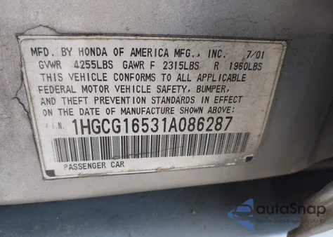 2001 Honda Accord 3.0 Ex z USA, uszkodzony, nr VIN 1HGCG16531A086287